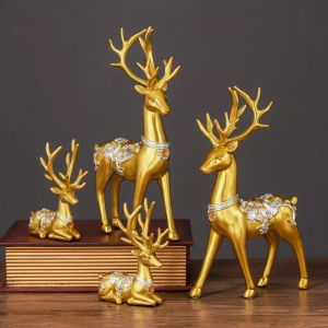 Sculpturen Gouden Herten Standbeeld Rendieren Beeldjes Hars Elanden Sculptuur Geluk Luxe Home Decor Kerst Decoratie Tafelblad Ornamenten