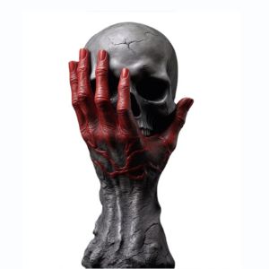 Sculptures Gothique Main reposant sur le crâne Figurine en résine Ornement Berserk Main de Dieu Artisanat Sculpture pour Halloween Décoration de la Maison