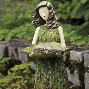 Sculptures Vert Fée Statue Mangeoire À Oiseaux Résine Décoration Jardin Forêt Fille Sculpture Figurines Artisanat Extérieur Pelouse Jardin Décoration Nouveau