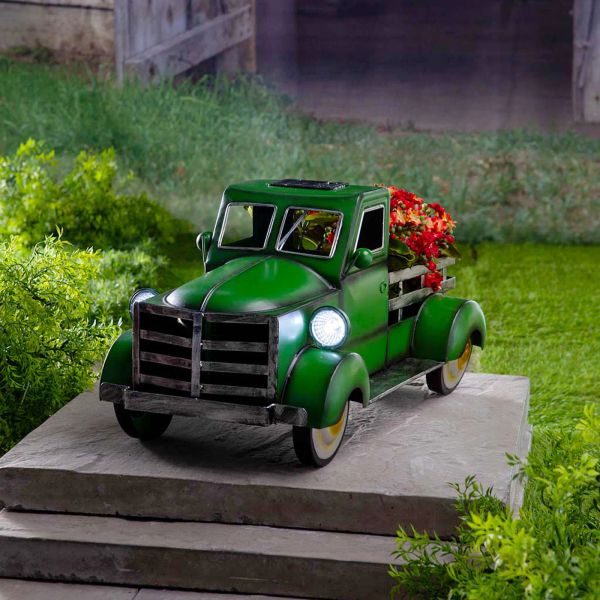 Sculptures Vert Rouge Camion Planteur De Noël Vintage Cadeau De Noël Décor De Voiture Statue Ornement Grand Modèle De Camionnette Pour Jardin Extérieur Natal