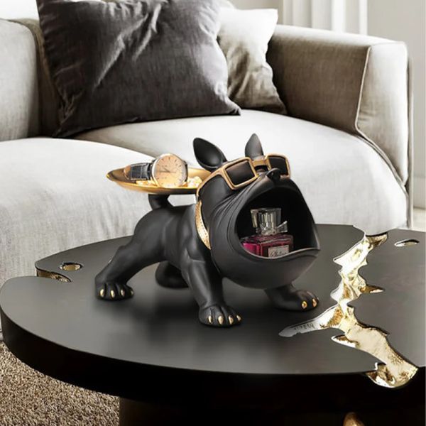 Sculptures décor de la maison sculpture chien grande bouche bulldog front bulldog avec métal plate de plateau de décoration statue pour chien live chien bulte
