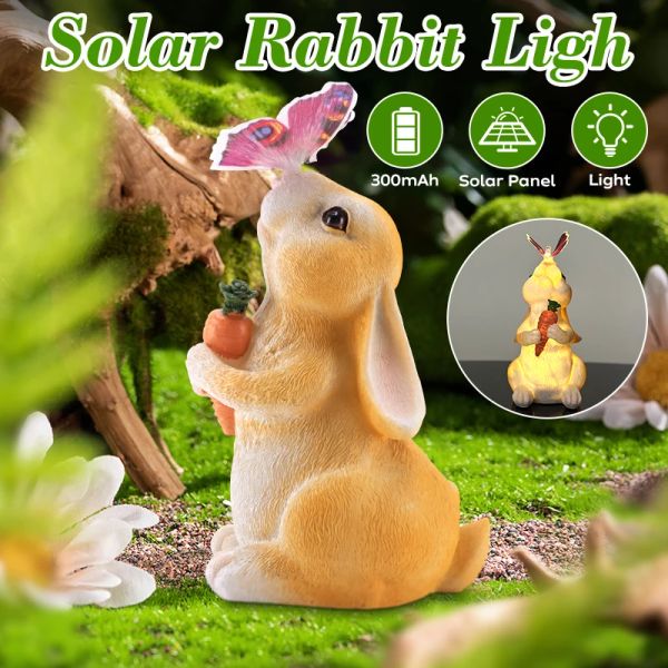 Sculptures Lumineux Lapin Statue De Jardin Décor Avec Papillon Extérieur Étanche LED Lapin Lumière Solaire Pour Cour Pelouse Décoration De Pâques 2024