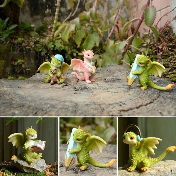 Sculptures Mini dinosaure résine dessin animé Rex Dragon Statue plantes ornements jardin en pot Dragon Figure Sculpture