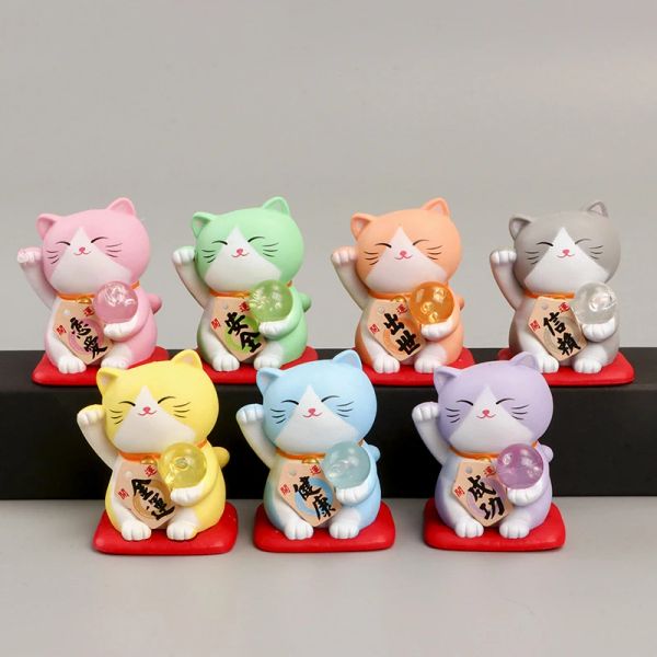 Lot de 7 sculptures, figurines de petits chats porte-bonheur, Maneki Neko coloré, ornements Fengshui, décoration de maison, de bureau, de voiture, cadeau de charme