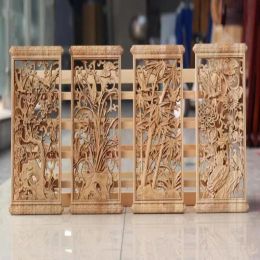 Sculptures Prune orchidée bambou chrysanthème bois sculpté petit écran, bois massif classique évidé, décoration de bon augure pour la maison exquise