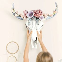 Sculptures Résine Succulentes Crâne De Vache Mur Pendentif Fleur Rose Blanc Tête De Bœuf Résine Pendentif Européen Américain Maison Jardin Décorations