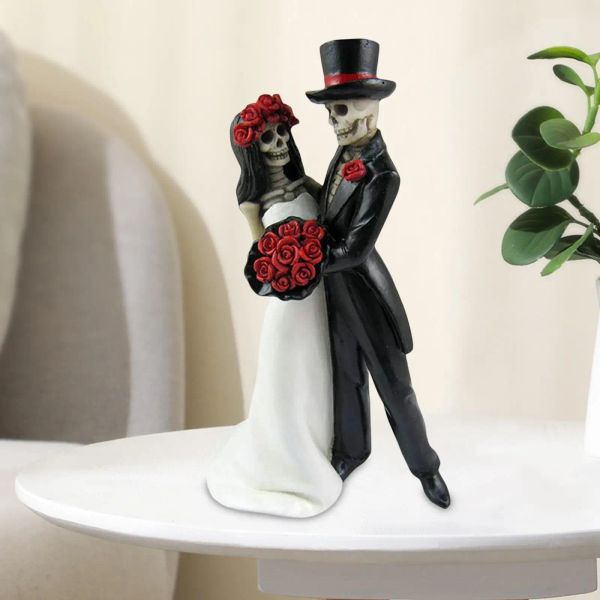 Sculptures Skull Statue Skeleton Wedding Couple de mariée Art pour décorations de bureau Ornements Collectibles Halloween Cake Topper