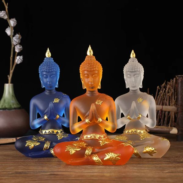 Sculptures Transparent Assis Bouddha Statue Zen Geste Thai Bouddha Résine Figurine Sculpture Bureau À Domicile Feng Shui Décoration Ornement