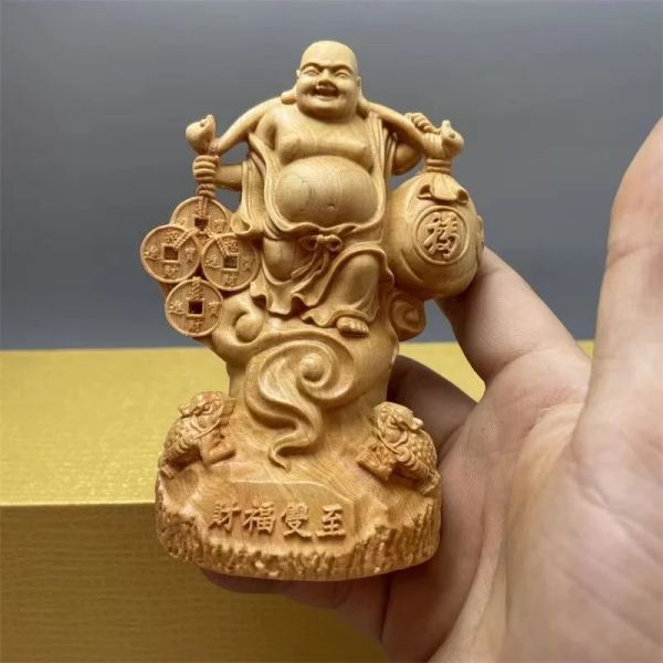 Sculptures Sculpture sur bois Yuanbao Maitreya Bouddha Personnages Figurines sculptées à la main en bois massif pour la maison, le bureau, la fortune, l'artisanat de décoration