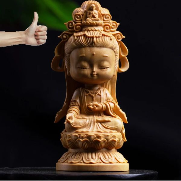 Esculturas Tallado en Madera Estatua de Guanyin de Dibujos Animados Tallado a Mano Madera Maciza Budista Feng Shui Guanyin Estatua de decoración de la Oficina de la habitación del hogar