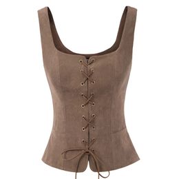 SD Femmes Vintage fausse en daim carré carré laceup laceup Veste de gilet de gilet