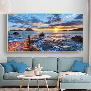 Affiches et imprimés de pont de plage de mer, images de paysage, peinture sur toile HD, décoration de maison, Art mural pour salon, coucher de soleil 297t