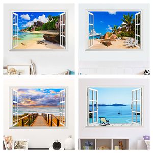 Mar playa isla 3d ventana pegatinas de pared para dormitorio decoración del hogar Diy paisaje pared Mural arte paisaje Pvc calcomanías