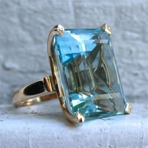 Sea Blue Topaz Stone Princess Diamond Ring Engagement Sapphire Ring 14K gouden Anillos voor vrouwen Bizuteria jade diamanten sieraden 2010297N