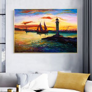 Póster de barco de mar, imagen de paisaje, pintura al óleo sobre lienzo, arte de pared para decoración de sala de estar, carteles e impresiones
