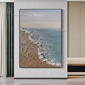 Zee canvas olieverfschilderij grote textureerde kustwandwandgolf schilderen niet ingelijste hand geschilderde blauwe lucht strand muur kunst abstracte zeen scape voor woonkamer decor