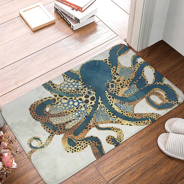 Créatures de mer Octopus Vie de mer Nautical Blue Door Mats Kitchen Floor Bath Entrance Mat Tapon absorbant Indoor Salle de bain Portant de salle de bain