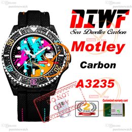 Doller de la mer Motley Carbon A3235 Automatic Mens Watch 43 Diwf V3 Graffiti cadran coloré Brotte en nylon noir Super Edition Même carte de série Reloj Hombre Ptrx F2