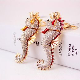Cheval de mer pendentif porte-clés émail cristal strass Animal mode voiture porte-clés anneau charme femmes sac bijoux 2410