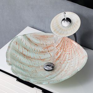 Type de coquille de mer en verre trempé Art Lavabo Bassin de plate-forme de style européen avec mitigeurs d'eau cascade KS11
