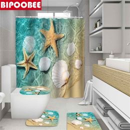 Mer étoile de mer coquille impression rideau de douche salle de bains rideaux ensemble océan plage bord de mer tapis de bain antidérapant tapis tissu baignoire écran 220517