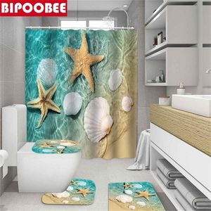 Mer étoile de mer coquille impression rideau de douche salle de bains rideaux ensemble océan plage bord de mer tapis de bain antidérapant tapis tissu baignoire écran 220517