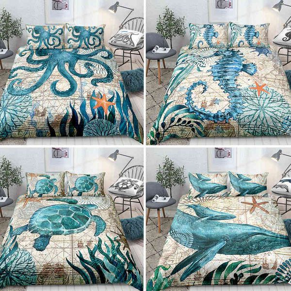 Juego de ropa de cama de tortuga marina, funda nórdica de océano, verde azulado, estilo mediterráneo, juegos de diseño temático marino, tamaño Queen King y doble