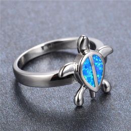 Anillo de ópalo de fuego azul con diseño de tortuga marina, anillos de dedo de plata 925 auténtica para mujer, joyería fina de moda de 272b