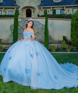 Seafoam Blue Butterfly Quinceanera Jurken Princess Off Shoulder Cathedral Train Lace-up Corset vestidos de 15 anos