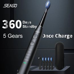 Seago elektrische sonische tandenborstel USB oplaadbaar volwassenen 360 dagen lange batterijduur met 4 vervangende koppen Gift SG575 240325
