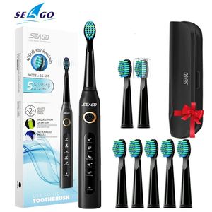 Seago Sonic elektrische tandenborstel SG-507 voor volwassenen Timerborstel 5 modi Micro USB oplaadbare tandenborstel Vervangingskoppen Set 240301