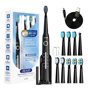 Seago Upgrade elektrische tandenborstel bekerhouder 10 stuks opzetborstels 5 poetsmodi volwassenen zwart wit 240329