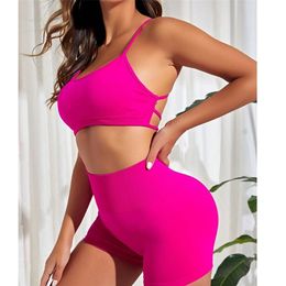 Naadloze Backless Yoga Pak 2PC Set Vrouwen Sexy Fuchsia Gym Leggings Bh Set Hoge Taille Workout Kleding Hip Raise broek 240306