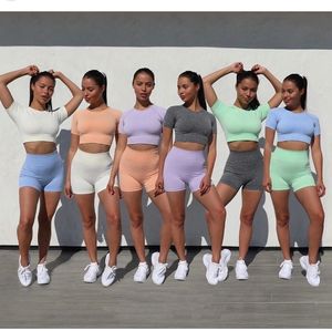 Ensemble de Shorts de Fitness sans couture, survêtement d'été pour femmes, costume de Sport, soutien-gorge de Sport, taille haute, leggings de Yoga, collants courts, haut court, tenues de Sport 2 pièces