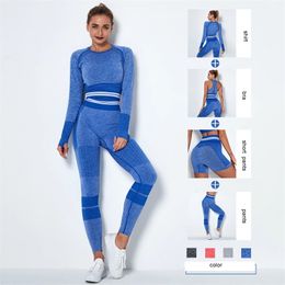 Leggings sans couture taille haute ensembles d'entraînement femmes 2 pièces Yoga Fitness vêtements exercice vêtements de sport Legging haut court Gym 210802