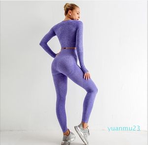 Femmes sans couture Yoga Set Workout Sportsswear Gym Clothing Fitness Fitness Long Crop Top High Waist Leggings Sports Sports