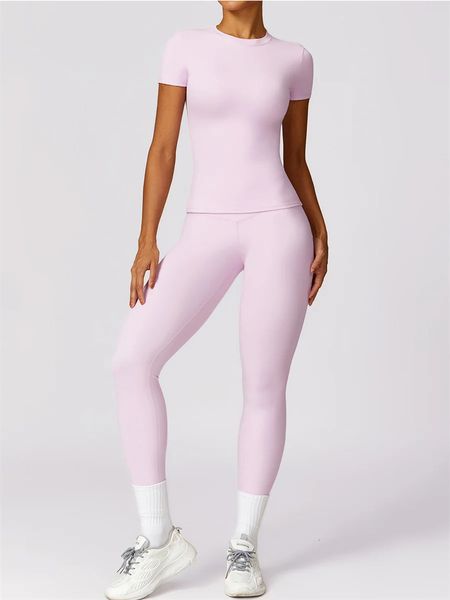 SEamless Yoga Set Femmes Top à manches courtes roses avec leggings hauts à taille en deux pièces Vêtements sportifs de gymnase de fitness sportif 240425