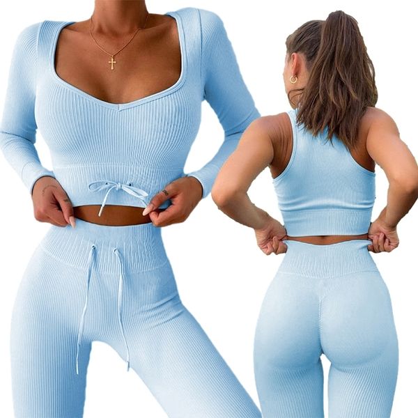 Conjunto de yoga sin costuras para mujer Top corto de dos piezas Pantalones cortos de manga larga Pantalones deportivos Traje de entrenamiento Traje deportivo femenino Traje deportivo Ropa de gimnasio W220418