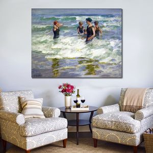 Zeegezicht canvas kunst zwemmers in de branding ik Edward Henry Potthast schilderij handgemaakte strand landschap artwork Home decor