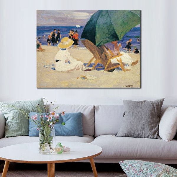 Lienzo de paisaje marino, paraguas verde, pintura de Edward Henry Potthast, paisaje de playa hecho a mano, obra de arte, decoración del hogar