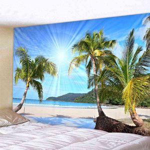 Tapisserie de plantes tropicales de paysage marin, articles de décoration de chambre bohème, tapis muraux, décoration de salon, pendentif Tapiz J220804