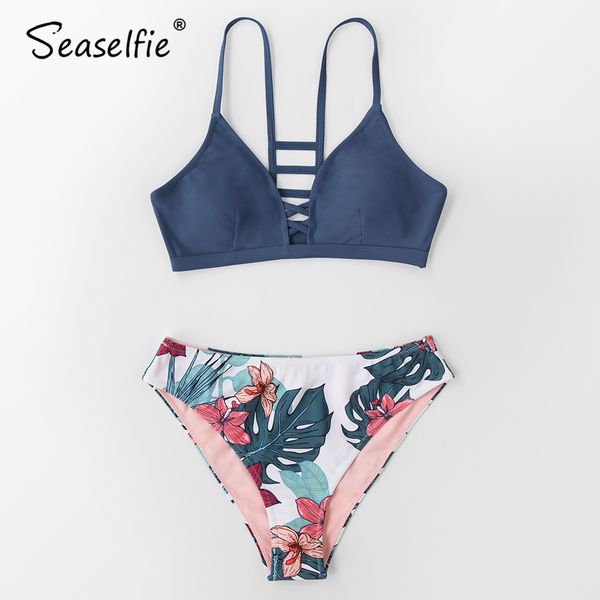 SEASELFIE bleu marine et Floral Strappy Bikini ensembles femmes Sexy débardeur deux pièces maillots de bain 2021 filles maillots de bain Biquini 210305