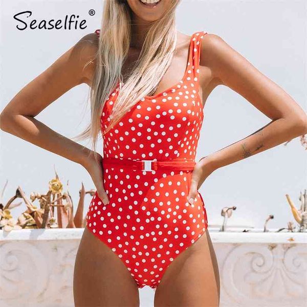 SEASELFIE Red Polka Dot mit Gürtel Frauen Sexy Cut Out Badeanzug Monokinis Badeanzug Sommer Bademode 210712