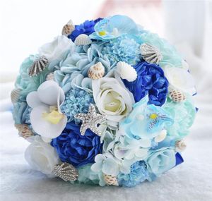 Ramo de boda de concha marina, flores de boda de seda artificiales, hortensias, ramos de novia para jardín, ramo de novia de estrella de mar de playa azul 5188217