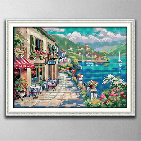 Seaside Cafe 2 pinturas de decoración de habitaciones, herramientas artesanales de punto de cruz hechas a mano bordado conjuntos de costura impresión contada en lienzo DMC 14CT / 11CT