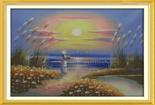 Pinturas decorativas para el hogar de chica junto al mar, bordado de punto de cruz hecho a mano, juegos de costura, impresión contada en lienzo DMC 14CT 11CT7543370