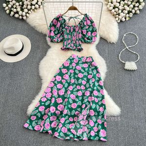Seaside Holiday Suit Dameshals Slim Korte Top tweedelige set High Taille Floral Split Rok zomer