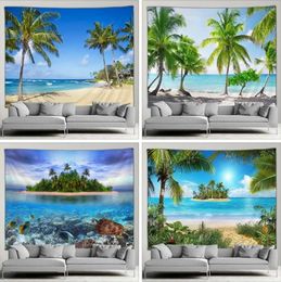 Paysage de bord de mer tapisserie affiche extérieure plage Hawaii cocotiers île Simple Style moderne tenture murale Nature écran Mural 240111