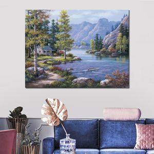 Seaside Serenity Canvas Wall Art Lakeside Lodge Paysage réaliste fait à la main Belle œuvre d'art pour mur de bureau