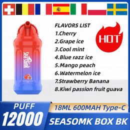 SEASOMK BOX BANG KING 12000 bouffée de stylo vape jetable 12k E cigarette 0% 2% 5% vape desechable Mesh Coil 10 saveurs barres feuilletées 600mah 18ml prérempli Pod vs shisha 15K